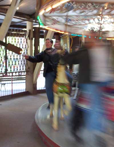 Kathy on the Grand Carousel at Knoebels Amusement Resort