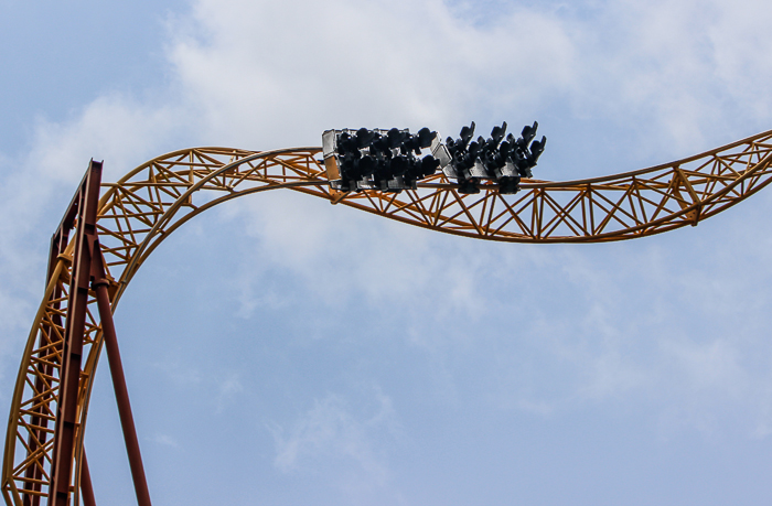 The X-Coaster roller coaster at Magic Springs and Crystal Falls Water and Theme Park, Hot Springs, Arkansas