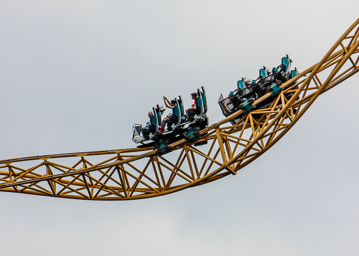 The X-Coaster roller coaster at Magic Springs and Crystal Falls Water and Theme Park, Hot Springs, Arkansas