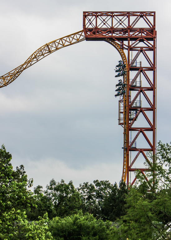 The X-Coaster roller coaster at Magic Springs and Crystal Falls Water and Theme Park, Hot Springs, Arkansas