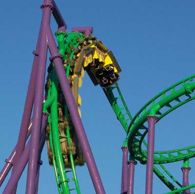 The Joker's Jinx Rollercoaster At Six Flags America, Largo, MD