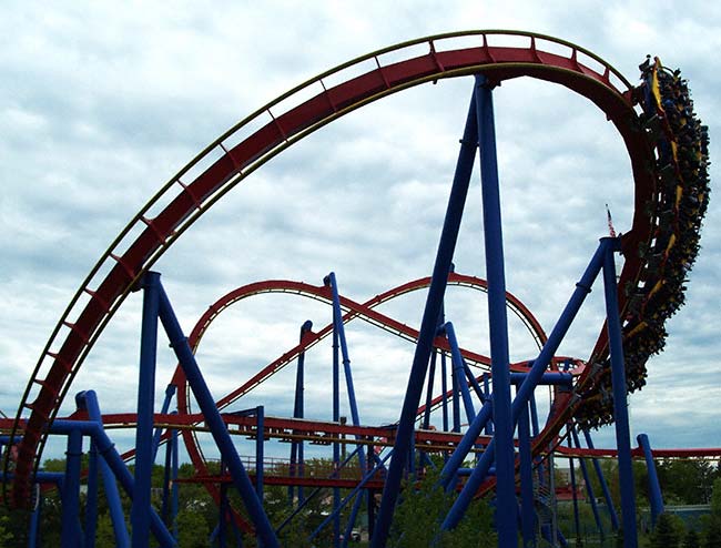 The Superman Ultimate Flight Rollercoaster at Six Flags Great America, Gurnee, Illinois