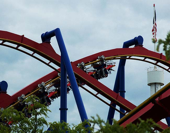 The Superman Ultimate Flight Rollercoaster at Six Flags Great America, Gurnee, Illinois