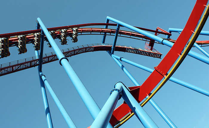 The Superman Ultimate Flight roller coaster at Six Flags Great America, Gurnee, Illinois