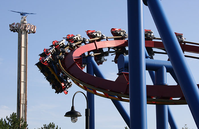 The Superman Ultimate Flight roller coaster at Six Flags Great America, Gurnee, Illinois