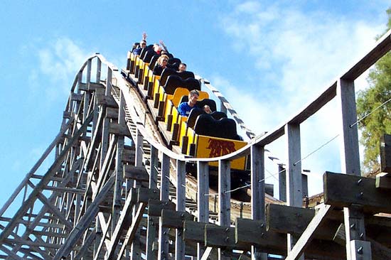 The Thunder Run Rollercoaster during Frightfest at Six Flags Kentucky Kingdom, Louisville, KY