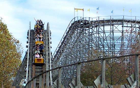 The Thunder Run Rollercoaster during Frightfest at Six Flags Kentucky Kingdom, Louisville, KY