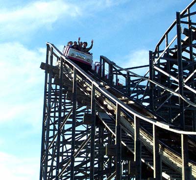 Twisted Twins (formerly Sisters) Rollercoaster during Frightfest at Six Flags Kentucky Kingdom, Louisville, KY