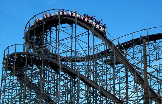 Twisted Twins (formerly Sisters) Rollercoaster during Frightfest at Six Flags Kentucky Kingdom, Louisville, KY