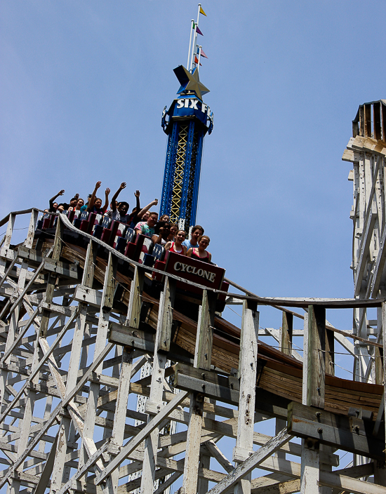 The Cyclone roller coaster and New England Sky Screamer at Six Flags New England, Agawam, Massachusetts