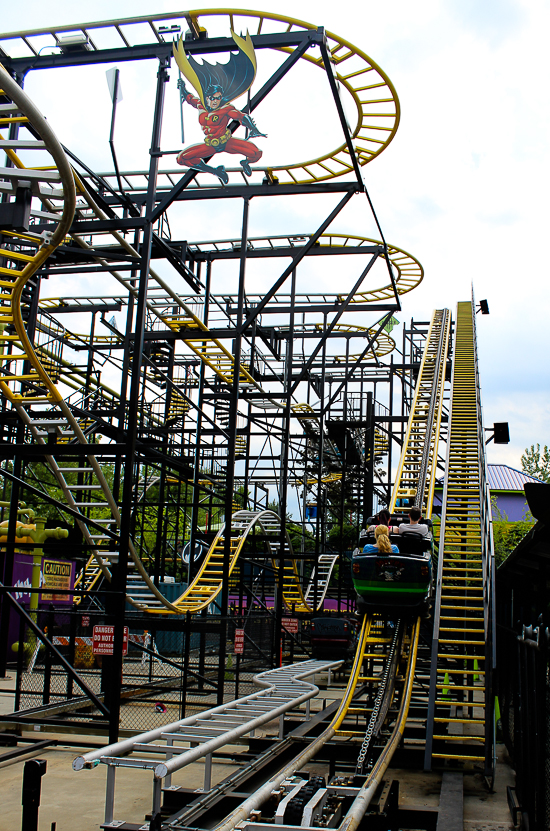 The Gotham City Gauntlet roller coaster at Six Flags New England, Agawam, Massachusetts