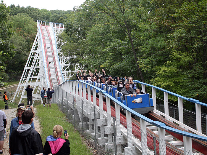 The Screaming Eagle Roller Coaster walk back during the Daredevil Daze Enthusiast Event at Six Flags St. Louis, Eureka, Missouri