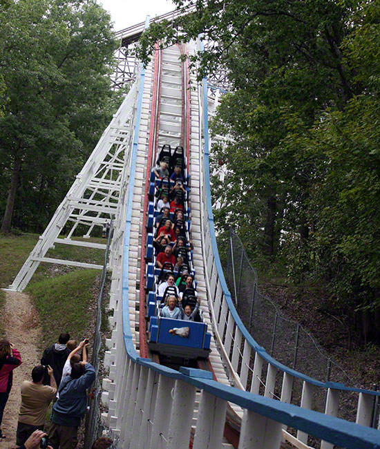 The Screaming Eagle Roller Coaster walk back during the Daredevil Daze Enthusiast Event at Six Flags St. Louis, Eureka, Missouri