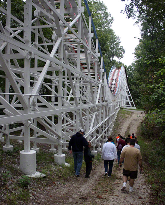 The Screaming Eagle Roller Coaster walk back during the Daredevil Daze Enthusiast Event at Six Flags St. Louis, Eureka, Missouri