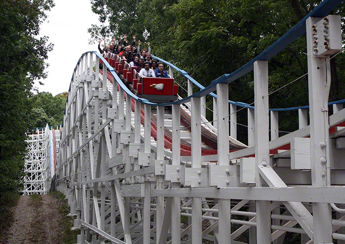 The Screaming Eagle Roller Coaster walk back during the Daredevil Daze Enthusiast Event at Six Flags St. Louis, Eureka, Missouri