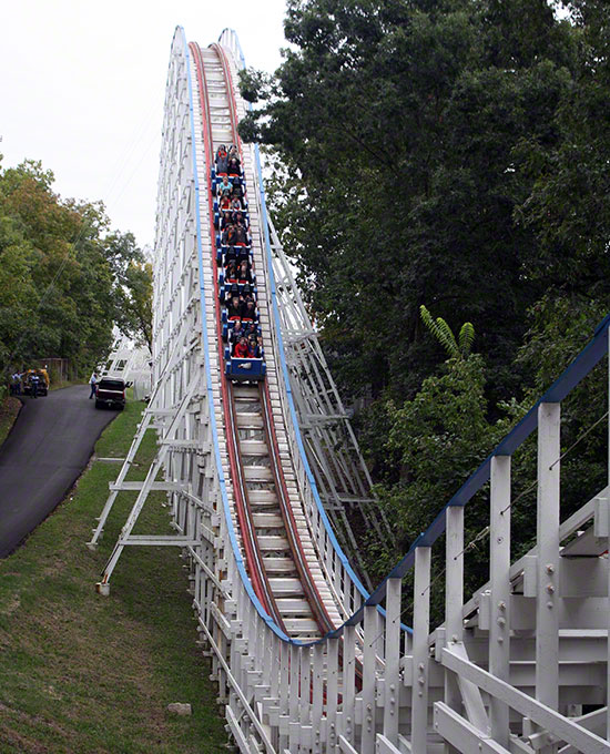 The Screaming Eagle Roller Coaster walk back during the Daredevil Daze Enthusiast Event at Six Flags St. Louis, Eureka, Missouri