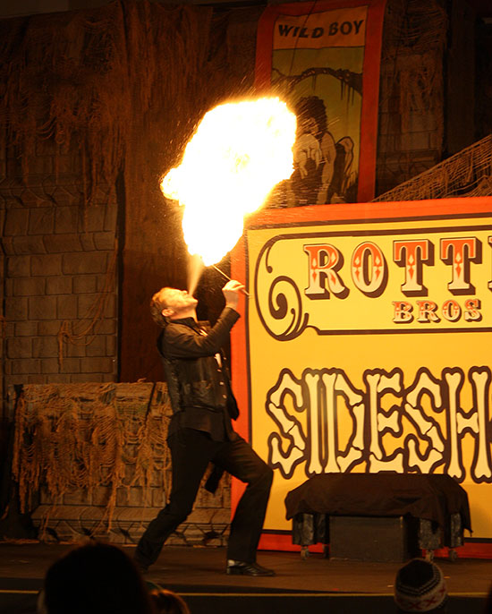 The Rotten Brothers Sideshow during Fright Fest at Six Flags St. Louis, Eureka, Missouri