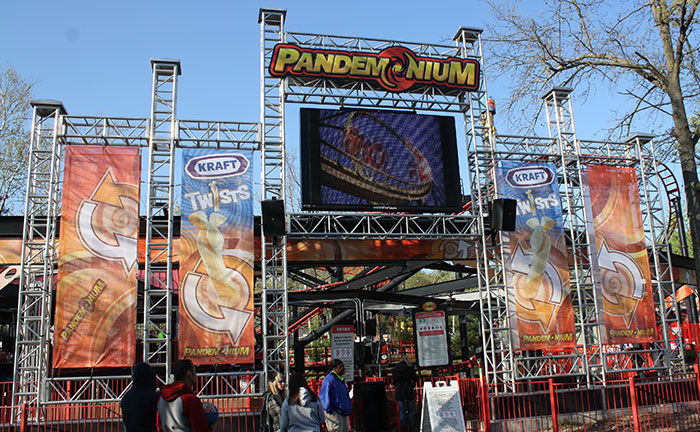 The Pandemonium (Formerly Tony Hawk's Big Spin) roller coaster at Six Flags St. Louis, Eureka, Missouri