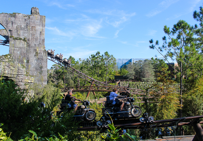 Hagrid's Magical Creature Motorbike Adventure roller coaster at The Wizzarding World of Harry Potter:  Hogsmeade at Universal's Islands of Adventure, Orlando, Florida