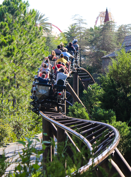 Hagrid's Magical Creature Motorbike Adventure roller coaster at The Wizzarding World of Harry Potter:  Hogsmeade at Universal's Islands of Adventure, Orlando, Florida