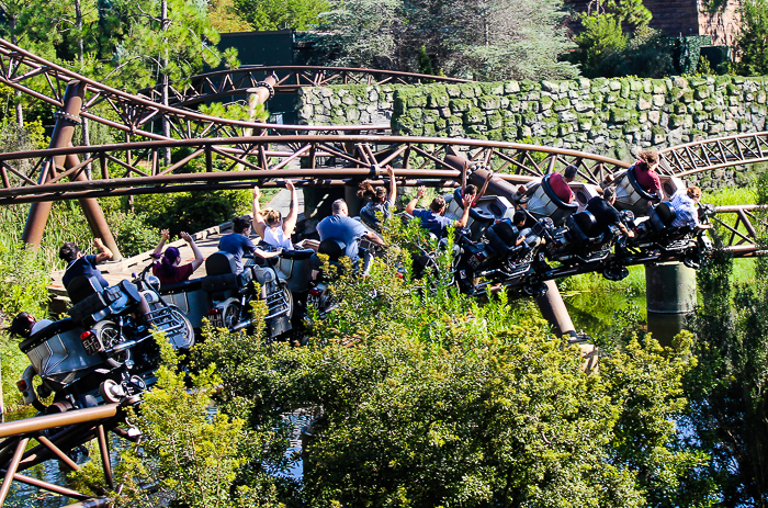 Hagrid's Magical Creature Motorbike Adventure roller coaster at The Wizzarding World of Harry Potter:  Hogsmeade at Universal's Islands of Adventure, Orlando, Florida