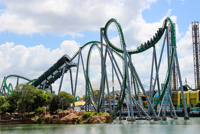 Marvel Super Heroes Island and the Incredible Hulk rollercoaster at Universal's Islands of Adventure, Orlando, Florida