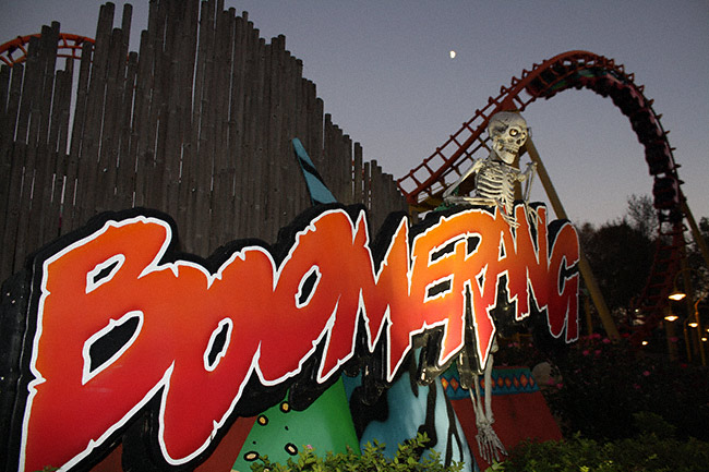 The Boomerang Roller Coaster during Halloween Haunt at Worlds of Fun, Kansas City, Missouri