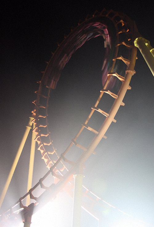 The Boomerang Roller Coaster during Halloween Haunt at Worlds of Fun, Kansas City, Missouri
