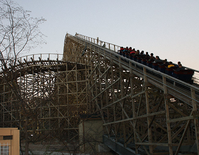 The Prowler Roller Coaster during the Halloween Haunt at Worlds of Fun, Kansas City, Missouri