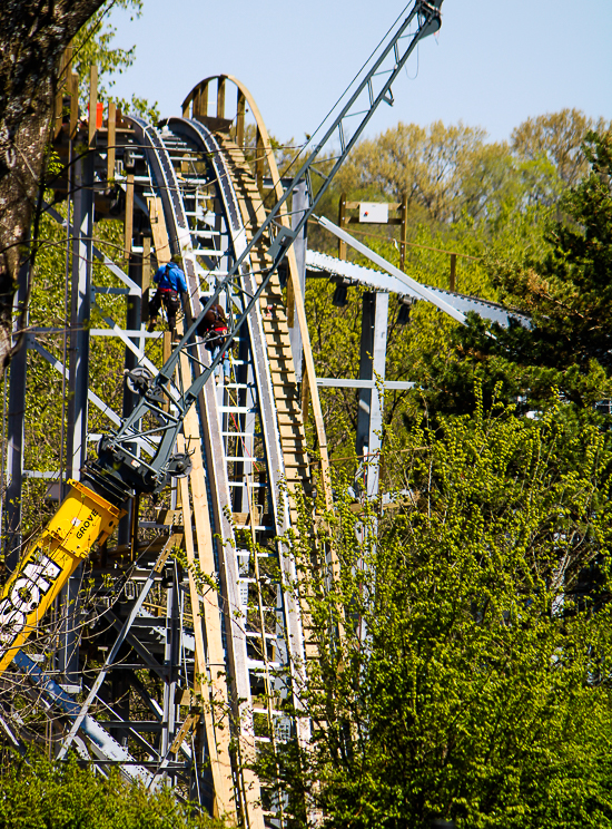 The new Zambezi Zinger roller coaster under construction at Worlds of Fun, Kansas City, Missouri