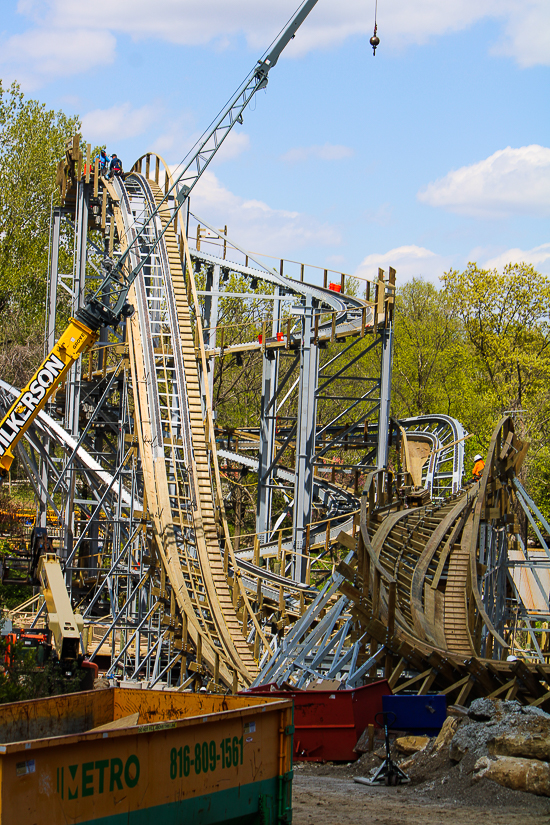 The new Zambezi Zinger roller coaster under construction at Worlds of Fun, Kansas City, Missouri